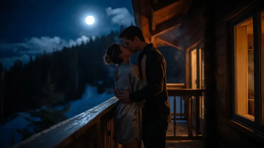 Casal se beijando na varanda de um chalé sob a lua cheia