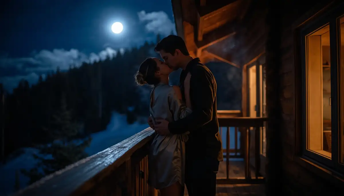 Casal se beijando na varanda de um chalé sob a lua cheia